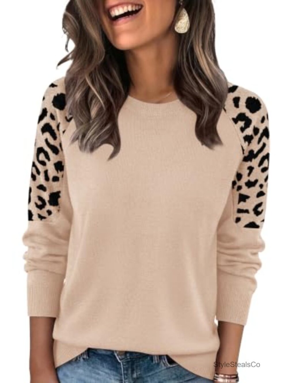 Womens Fall Sweater Leopard Print Pullover Raglan Sleeve Top